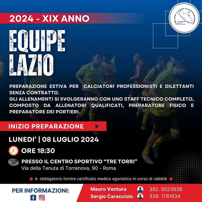 Equipe Lazio 2024: 8 luglio inizia preparazione per calciatori senza contratto